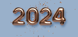 Titelbild Jahresrückblick, eine goldene Zahl 2024 auf blauem grund mit Konfetti