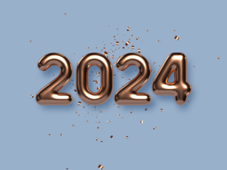 Titelbild Jahresrückblick, eine goldene Zahl 2024 auf blauem grund mit Konfetti